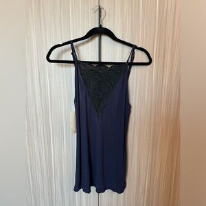 NWOT Black and Navy Soft Drapey Camisole with adjustable straps and V Neck Lace